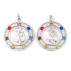 Платина Подвески со стразами из микропаве из сплава чакры, долговечный, без свинца и без кадмия, плоский круглый с аум, платина, 40x36x3 мм, отверстие : 6x5 мм