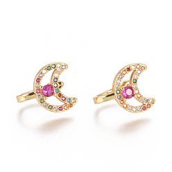 Colorful Golden Plated Brass Micro Pave Cubic Zirconia Cuff Earrings, Long-Lasting Plated, Moon, Colorful, 13x10x1.5mm