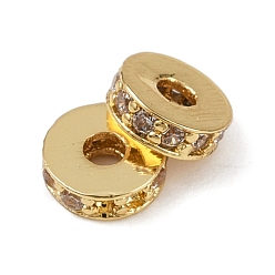 Настоящее золото 18K Плоские круглые латунные микропаве прозрачные кубические циркониевые бусины, без свинца и без кадмия, долговечный, стойки покрытие, реальный 18 k позолоченный, 4.5x1.5 мм, отверстие : 1.4 мм