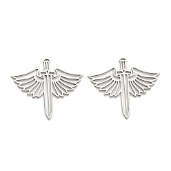 Нержавеющая Сталь Цвет 201 подвески из нержавеющей стали, меч с подвеской в виде крыльев, лазерная резка, цвет нержавеющей стали, 26x30x1 мм, отверстие : 2x0.8 мм