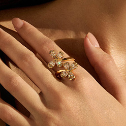 Цветок Браслет-манжета из латуни с кубическим цирконием для женщин., золотые, цветок, внутренний диаметр: регулируемый