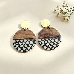 Coconut Brown Alloy Resin Stud Earrings, Flat Round, Resin & Wood Dangle Earrings for Women, Golden, Coconut Brown, 51x35mm