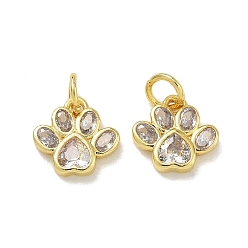Golden Brass Pave Clear Cubic Zirconia with Glass Charms, Paw Print Charms, Rack Plating, Long-Lasting Plated, Cadmium Free & Lead Free, Golden, 10x10.5x2mm, Hole: 3mm
