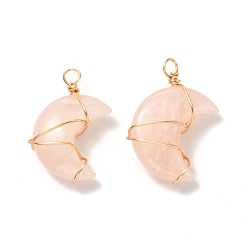 Rose Quartz Natural Rose Quartz Pendants, with Real 18K Gold Plated Eco-Friendly Copper Wire, Moon, 35.5~37x25~29x11~12mm, Hole: 4~4.5mm