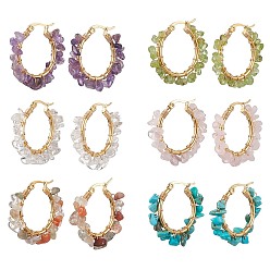 Смешанные камни Серьга-кольцо из натурального драгоценного камня, 304 серьги из проволоки из нержавеющей стали, 28.5~29.5x5~7 мм