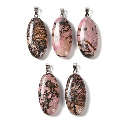 Rhodonite Natural Rhodonite Pendants, with 304 Stainless Steel Snap on Bails, Oval Charm, 44x20x8mm, Hole: 7x4mm