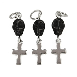 Черный Подвески в виде черепа из синтетической бирюзы, окрашенные в стиле Хэллоуина, с 304 крестовиной из нержавеющей стали и открытыми соединительными кольцами, цвет нержавеющей стали, чёрные, 26x7x6.5 мм, отверстие : 4.6 мм