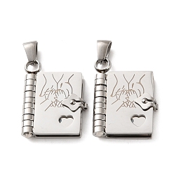 Stainless Steel Color 304 Stainless Steel Pendants, Book with Hand Charms, Polished, Stainless Steel Color, 25x18x4.5mm, Hole: 5.5x2.5mm