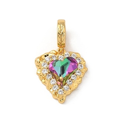 Настоящее золото 18K Латунь микропаве прозрачный кубический цирконий европейские подвески с подвесками, разноцветные стеклянные сердечки с большими отверстиями, реальный 18 k позолоченный, 25 мм, Сердце: 17x15.5x6 mm, отверстие : 4.5 мм