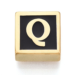 Letter Q 304 Квадратные распорные планки из нержавеющей стали с черным эмалевым покрытием, 2-луночное, ионное покрытие (ip), реальный 18 k позолоченный, Буква Q, 12x12x6 мм, отверстие : 4.5 мм