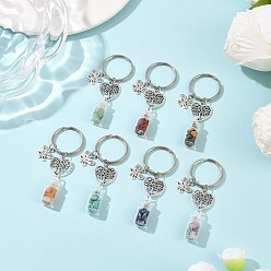 Сердце 7 шт. 7 стили стеклянной бутылки с чакральным драгоценным камнем внутри брелоков, с железными разъемными кольцами для ключей и подвесками из сплава, античное серебро, сердце, 70.5~71 мм, 1 шт / стиль