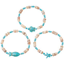 Бирюза 3шт. браслеты из натуральных пресноводных ракушек с бусинами, составные браслеты для женщин, черепаха, морская звезда и рыба, с крошкой синтетической бирюзы, бирюзовые, внутренний диаметр: 2-1/8 дюйм (5.5 см) внутренний диаметр, звезды: 13.5x13.5x5 мм, Черепаха: 17x13.5x6.5 мм, рыбы: 24x12x7 mm