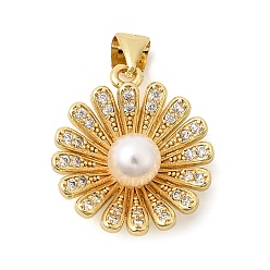 Настоящее золото 18K Латунные микропаве прозрачные подвески с фианитом, с абс пластмассовой имитационной жемчужиной, , без кадмия и без свинца, долговечный, стойки покрытие, реальный 18 k позолоченный, 19.5x17.5x6.5 мм, отверстие : 5x3.5 мм