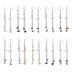 Смешанные камни 10 пары 10 стили латунные серьги-подвески в форме луны, с натуральными бусинами из смешанного камня и 304 цепями из нержавеющей стали, слева и справа, цвет нержавеющей стали, 88 мм, 1 пара / стиль