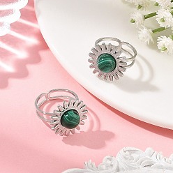 Malachite Natural Malachite & Stainless Steel Cuff Open Rings, Sun, Stainless Steel Color, 17mm