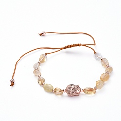 Citrine Adjustable Nylon Thread Braided Bead Bracelets, with Natural Citrine(Dyed & Heated) Beads and Brass Beads, Buddha Head, Inner Diameter: 1-3/4 inch~3-3/4 inch(4.5~9.5cm)