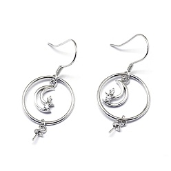 Platinum Anti-Tarnish Rhodium Plated 925 Sterling Silver Dangle Earring Findings, with Cubic Zirconia, For Half Drilled Beads, Moon, Clear, Platinum, 37x16mm, 24 Gauge, Pin: 0.5mm