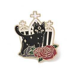 Черный Эмалированные булавки на Хэллоуин, булавки для лацканов из сплава для одежды рюкзака, кот с могилой и розой, чёрные, 31.5x26 мм