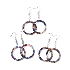 Mixed Color Cellulose Acetate(Resin) Dangle Earrings, with Cube Glass Beads and Platinum Plated Brass Earring Hooks, Ring, Mixed Color, 69~70mm, Pin: 0.6mm