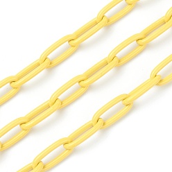 Yellow Eco-friendly Spray Painted Handmade Brass Paperclip Chains, Soldered, with Spool, Yellow, 17x8x2mm, 32.8 feet(10m)/roll