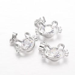 Platinum Brass Cubic Zirconia Kitten Charms, Cat Head Shape, Platinum, 14x17x4.5mm, Hole: 4x4mm