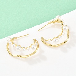 Настоящее золото 18K Круглые латунные серьги-гвоздики, с ABS имитации жемчуга, долговечный, стойки покрытие, без свинца и без кадмия, реальный 18 k позолоченный, 29x13 мм