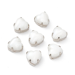 Floral White Heart Sew On Rhinestones, Smooth Face Taiwan Acrylic Rhinestone, Multi-Strand Links, with Platinum Tone Brass Prong Settings, Floral White, 10x10x7mm, Hole: 1mm