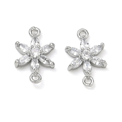 Platinum Brass Pave Clear Cubic Zirconia Connector Charms, Flower Links, Platinum, 16x10.5x4mm, Hole: 1.2mm