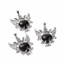 Obsidian Natural Obsidian Pendants, Eagle with Heart Charms, with Rack Plating Platinum Tone Brass Findings, 36.5x33.3x6~7mm, Hole: 8x5mm