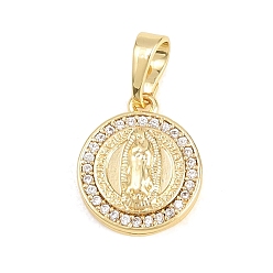 Настоящее золото 18K Религиозные латунные подвески с микропаве из прозрачного кубического циркония, плоский круглый с подвесками Девы Марии, без кадмия и без свинца, реальный 18 k позолоченный, 14x12x3.5 мм, отверстие : 3.5x6 мм