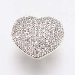 Platinum Brass Micro Pave Cubic Zirconia Beads, Lead Free & Cadmium Free, Heart, Platinum, 14x14.5x8.5mm, Hole: 2x2.5mm