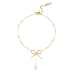 Золотой Ионное покрытие (IP) 304 браслеты с подвесками из нержавеющей стали с бантом для женщин, с пластиковой имитацией жемчуга и стразами, золотые, 7-1/2 дюйм (19 см)