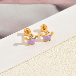 Фиолетовый Серьги-гвоздики с короной из нержавеющей стали с эмалью, с четким кубического циркония, золотые, фиолетовые, 11x8 мм