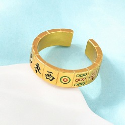 Golden Brass Enamel Cuff Open Rings, Mahjong Pattern, Golden, 6mm, Inner Diameter: 17mm