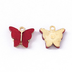 FireBrick Alloy Acrylic Pendants, Butterfly, Light Gold, FireBrick, 14x16.5x3mm, Hole: 1.6mm