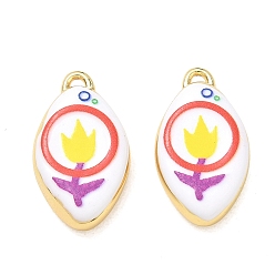 Yellow Printed Brass Pendants, Oval with Tulip Charms, Rack Plating, Long-Lasting Plated, Lead Free & Cadmium Free, Real 18K Gold Plate, Yellow, 22.5x12.5x5mm, Hole: 1.1mm