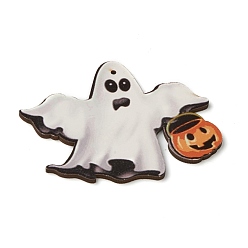 White Natural Wood Big Pendants, for Halloween, Ghost with Pumpkin, White, 85x111x4mm, Hole: 3mm
