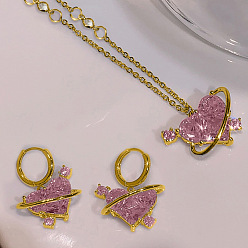 Ярко-Розовый Ожерелье из сплава в форме сердца со стеклянным кулоном и серьги-кольца, золотые, ярко-розовый, 473 мм