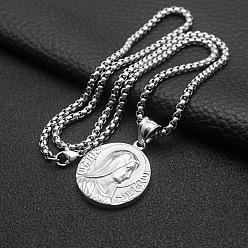 Stainless Steel Color Religion 304 Stainless Steel Embossed Virgin Round Medal Pendant Necklaces for Men, Stainless Steel Color, 23.62 inch(60cm)