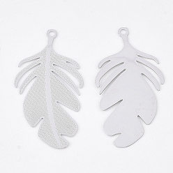 Platinum Brass Pendants, Etched Metal Embellishments, Long-Lasting Plated, Leaf, Platinum, 30x15x0.3mm, Hole: 1.2mm