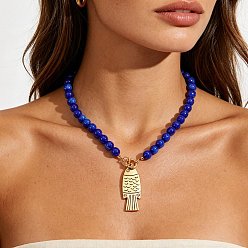 Blue Summer Beach Bohemian Alloy Fish Pendant Resin Round Beaded Necklaces for Women, Golden, Blue, 19.69 inch(50cm)