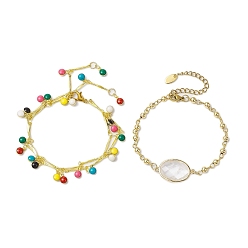 Золотой 2шт 2 стиль латунные и латунные звенья цепи браслеты, с плоскими круглыми подвесками из эмали, с золотистыми латунными звеньями из кварцевого кристалла золотистые латунные звенья из кварцевого кристалла для женщин, золотые, 6-7/8~8-1/4 дюйм (17.5~21 см), 1 шт / стиль