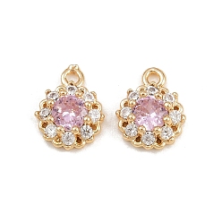 Pink Латунные микро проложить кубического циркония подвески, плоские круглые прелести, реальный 18 k позолоченный, розовые, 9.5x7.5x3 мм, отверстие : 1.2 мм