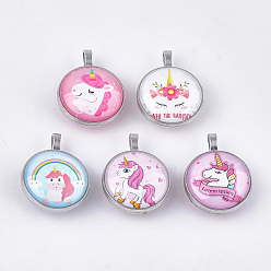 Mixed Color Glass Pendants, with Alloy Findings, Flat Round with Unicorn, Platinum, Mixed Color, 35x27x14mm, Hole: 3x5.5mm