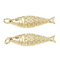 Real 18K Gold Plated Brass Micro Pave Clear Cubic Zirconia Pendants, Fish Charms, Cadmium Free & Lead Free, Rack Plating, Long-Lasting Plated, Real 18K Gold Plated, 28x8x4mm, Hole: 3.5mm