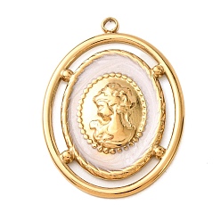 Blanco 304 acero inoxidable con colgantes esmaltados, Recubrimiento al vacío PVD, Colgante ovalado con retrato de dama, dorado, blanco, 30.5x22.5x2.5 mm, agujero: 1.8 mm
