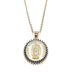 Golden Brass Micro Pave Cubic Zirconia Pendant Necklaces, Virgencita Necklaces, with 304 Stainless Steel Cable Chains, Oval with Virgin Mary, Golden, Mixed Color, 17.91 inch(45.5cm)