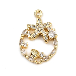 Морская звезда Летние латунные микропаве прозрачные кубические цирконии морские животные соединительные подвески, долговечный, без кадмия и без свинца, стойки покрытие, золотые, морская звезда, 22x15.5x3 мм, отверстия : 1.2 mm и 1.6 мм