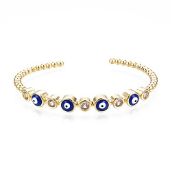 Темно-Синий Эмалевый плоский круглый браслет-манжета с дурным глазом и прозрачным кубическим цирконием, настоящие позолоченные украшения из латуни для женщин, темно-синий, внутренний диаметр: 18 дюйм (2-3/8 см)
