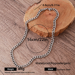 Stainless Steel Color Vintage Style 8MM 304 Stainless Steel Cuban Link Chain Necklaces for Women, Stainless Steel Color, 22.05 inch(56cm)